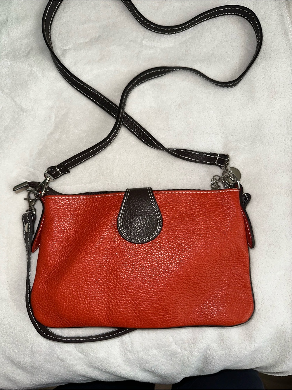 Vera Pelle Orange Leather Crossbody with Dark Brown Trim